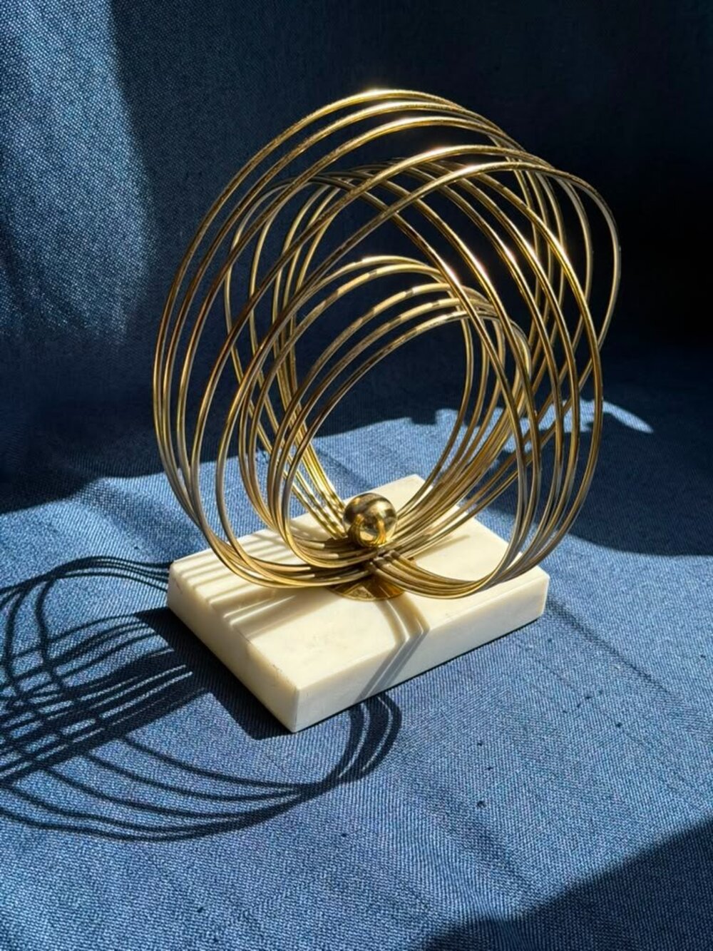 Modernist Gold Wire Armillary Orbital Sphere Sculpture White Marble